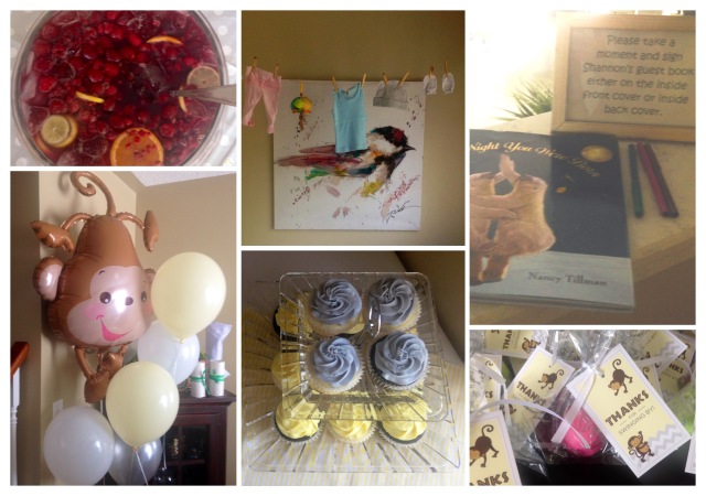 Sangria, baby clothesline, guest book, balloons, cupcakes, guest favours (EOS lip balm)